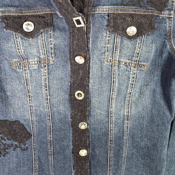 Womens Ann Trinity Blue Denim Jacket Lace Appliqué & Crystal Buttons Cotton S - Picture 3 of 10